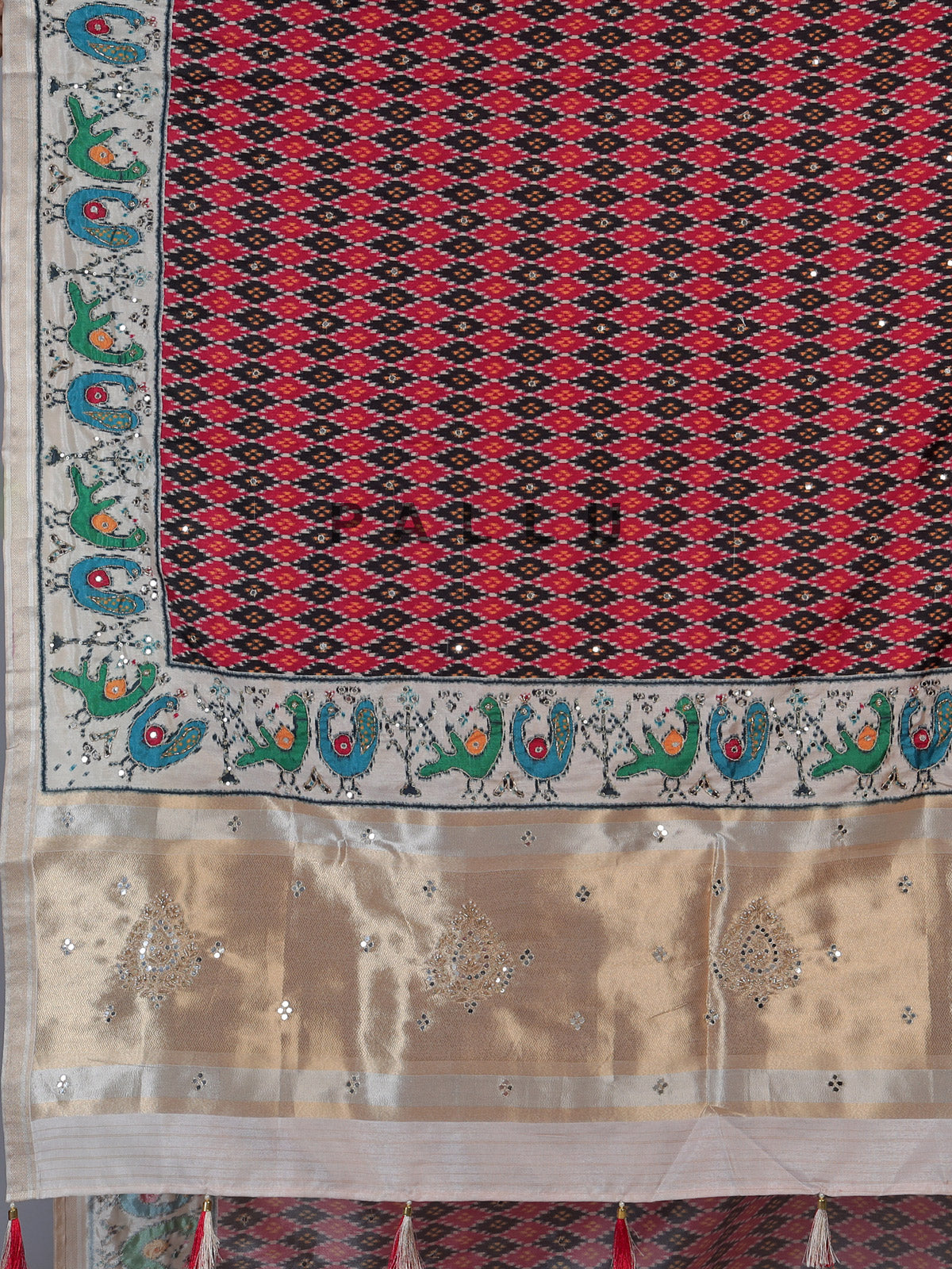 Black and red patola silk saree with bird motifs