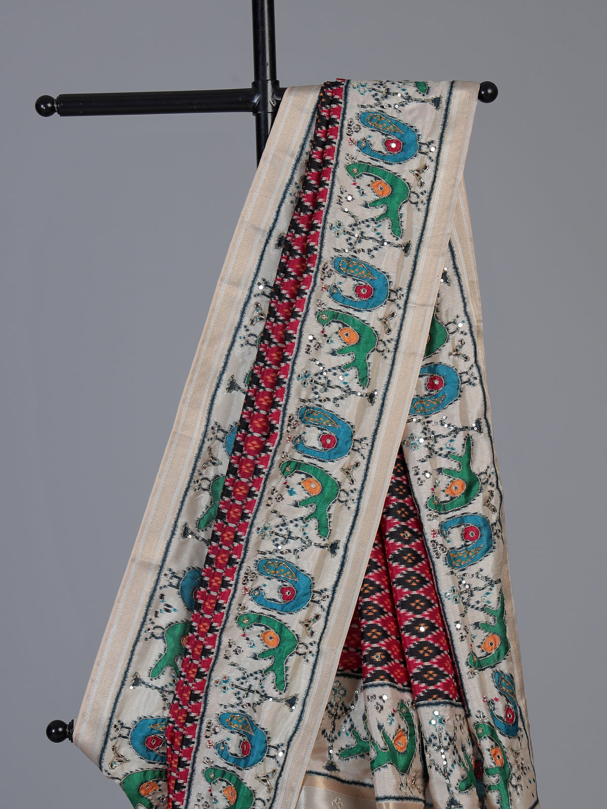 Black and red patola silk saree with bird motifs