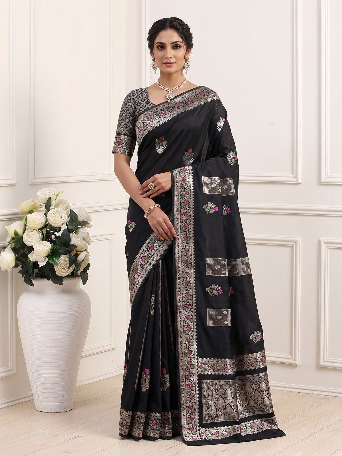 Black banarasi silk saree with floral butti zari elegance