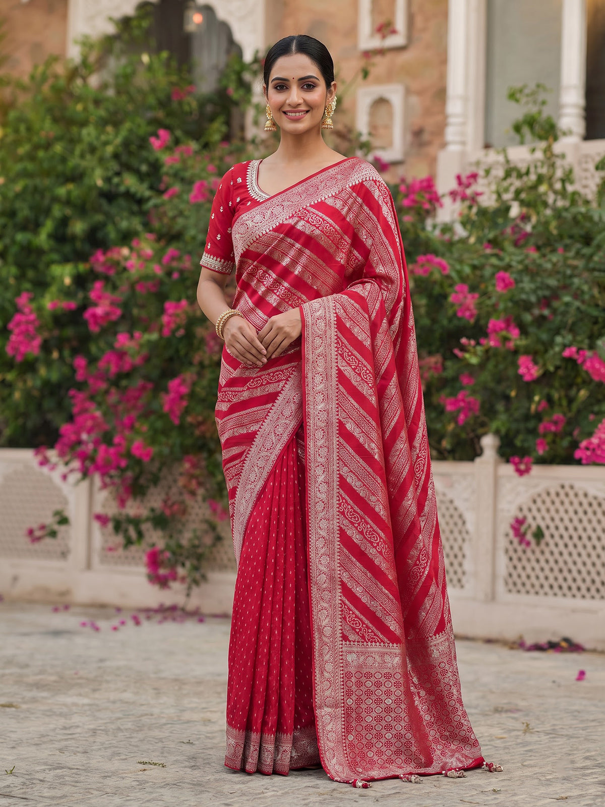 Red satin dola silk saree with elegant butti handwork