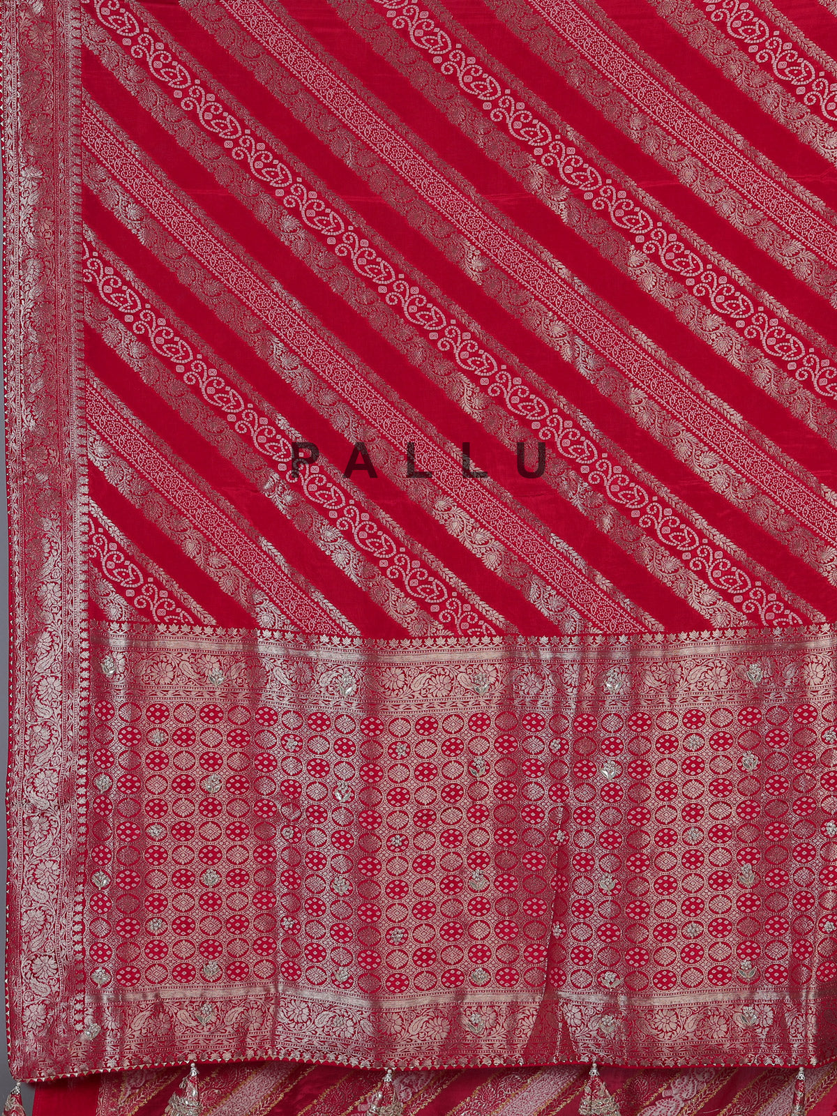 Red satin dola silk saree with elegant butti handwork