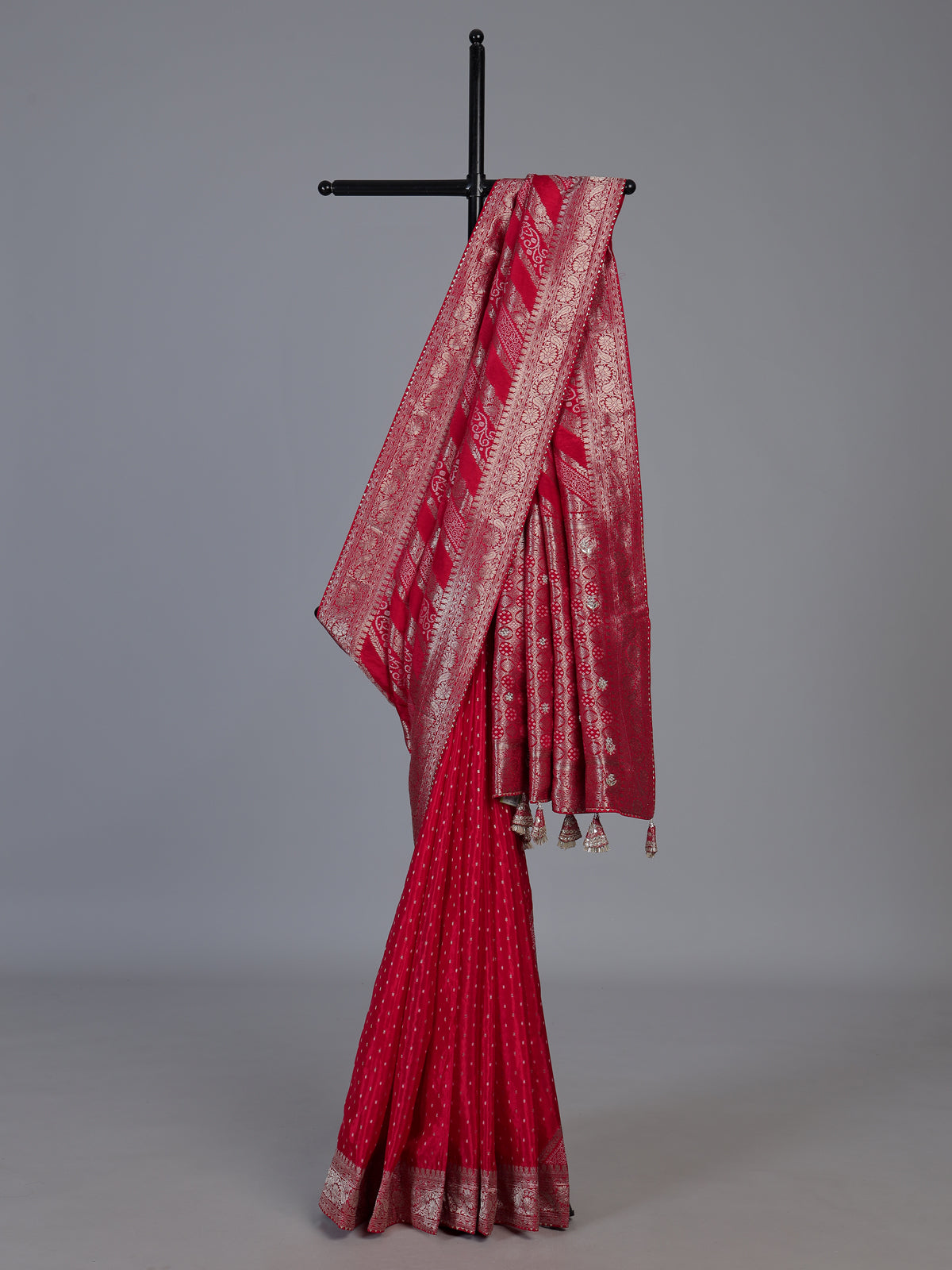 Red satin dola silk saree with elegant butti handwork