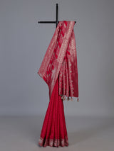 Red satin dola silk saree with elegant butti handwork