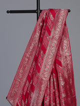 Red satin dola silk saree with elegant butti handwork