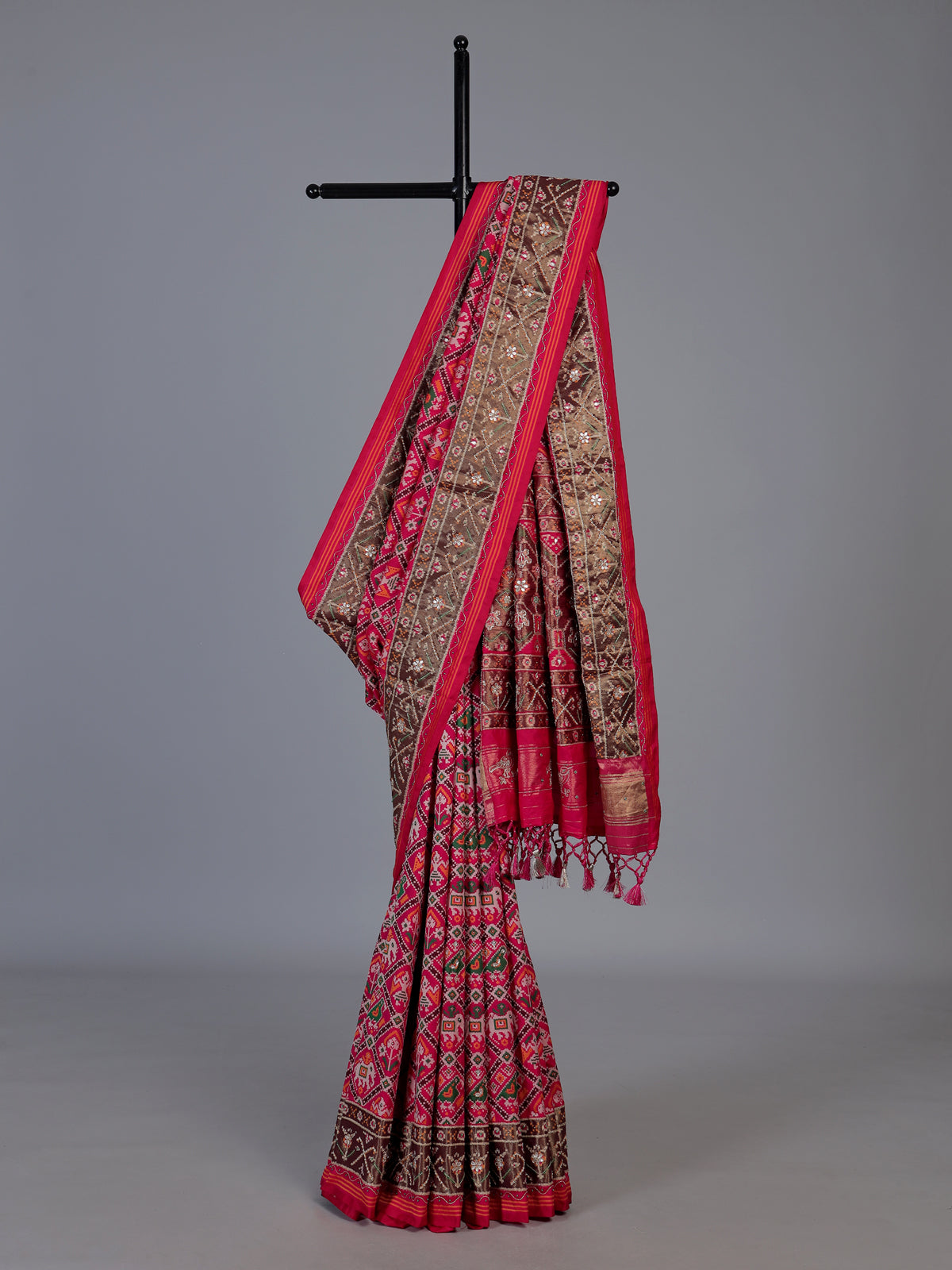 Rani pink art patola silk saree with bird motif design