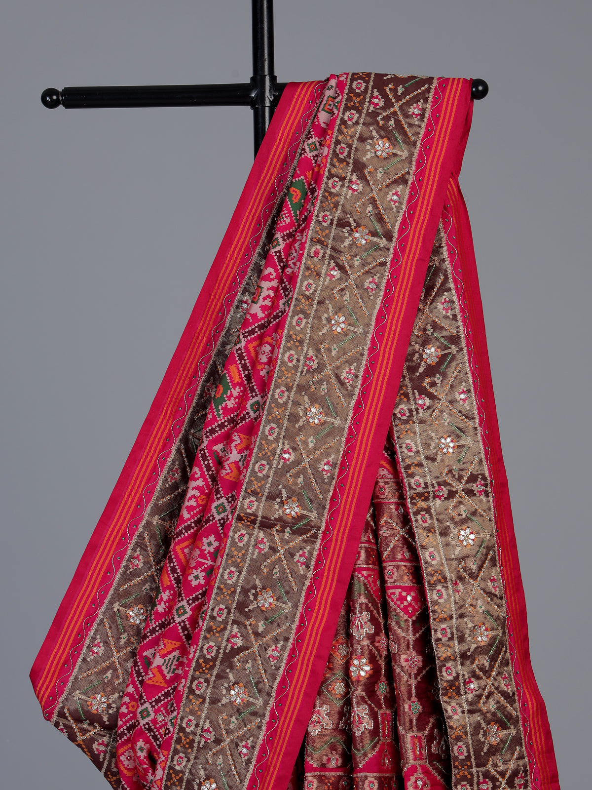 Rani pink art patola silk saree with bird motif design