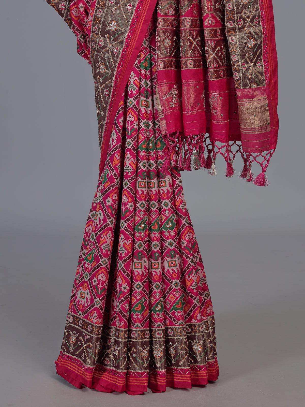 Rani pink art patola silk saree with bird motif design