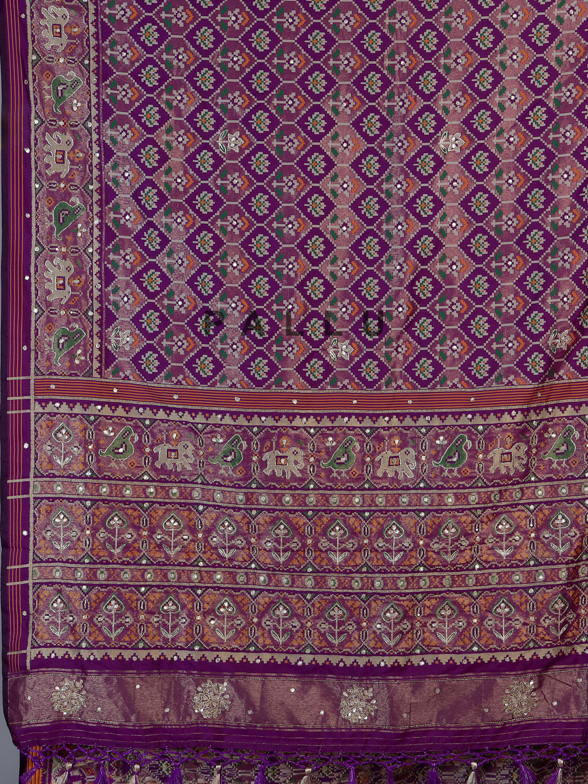 Purple art patola silk saree with animal motif handwork