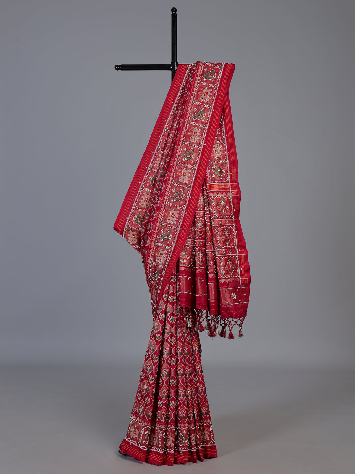 Red art patola silk saree with bird motifs elegance