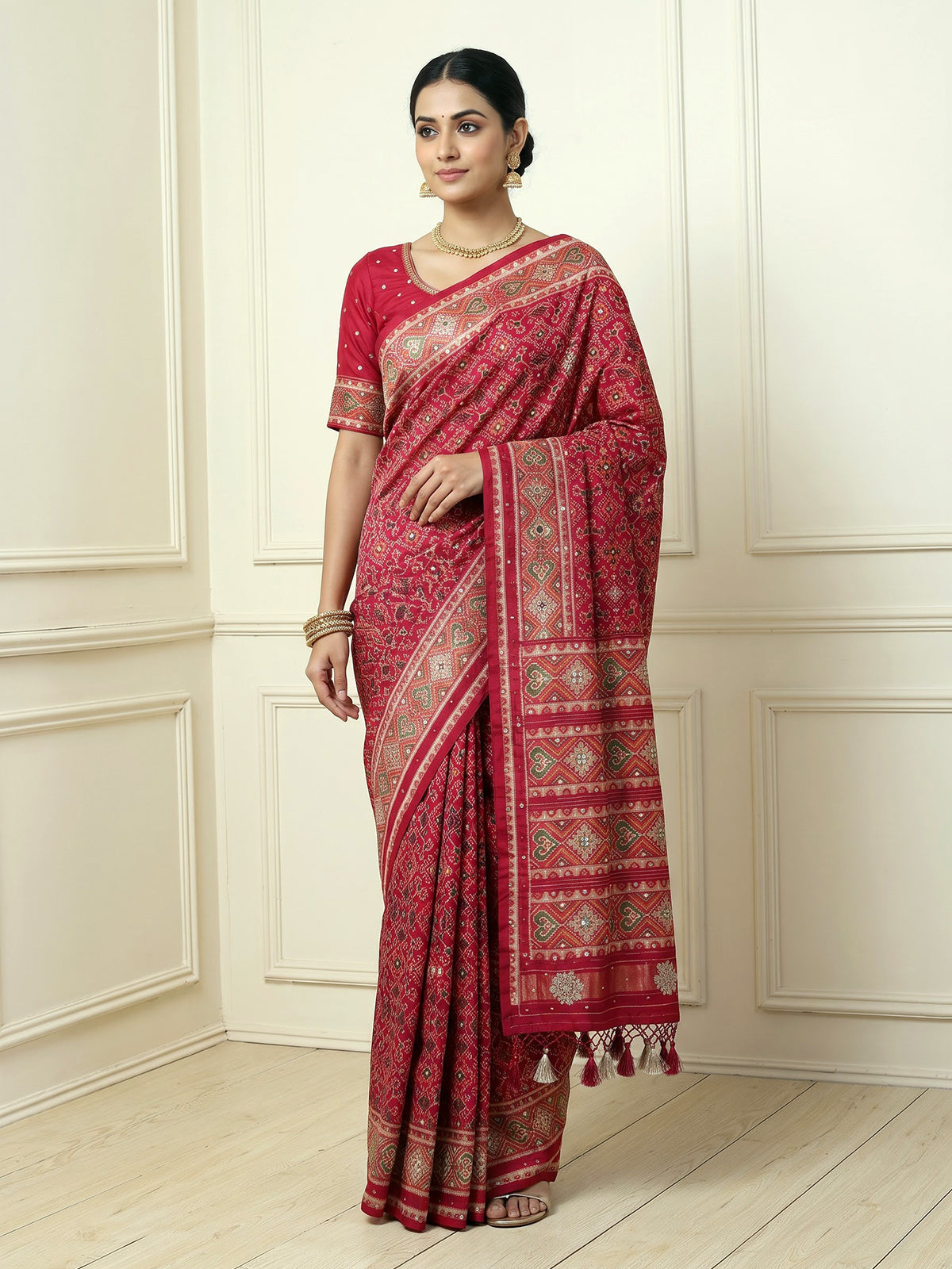 Red art patola silk saree with luxurious handcrafted thread