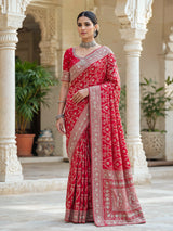 Red modal satin silk saree with bridal embellished elegance