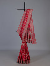Red modal satin silk saree with bridal embellished elegance