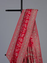 Red modal satin silk saree with bridal embellished elegance