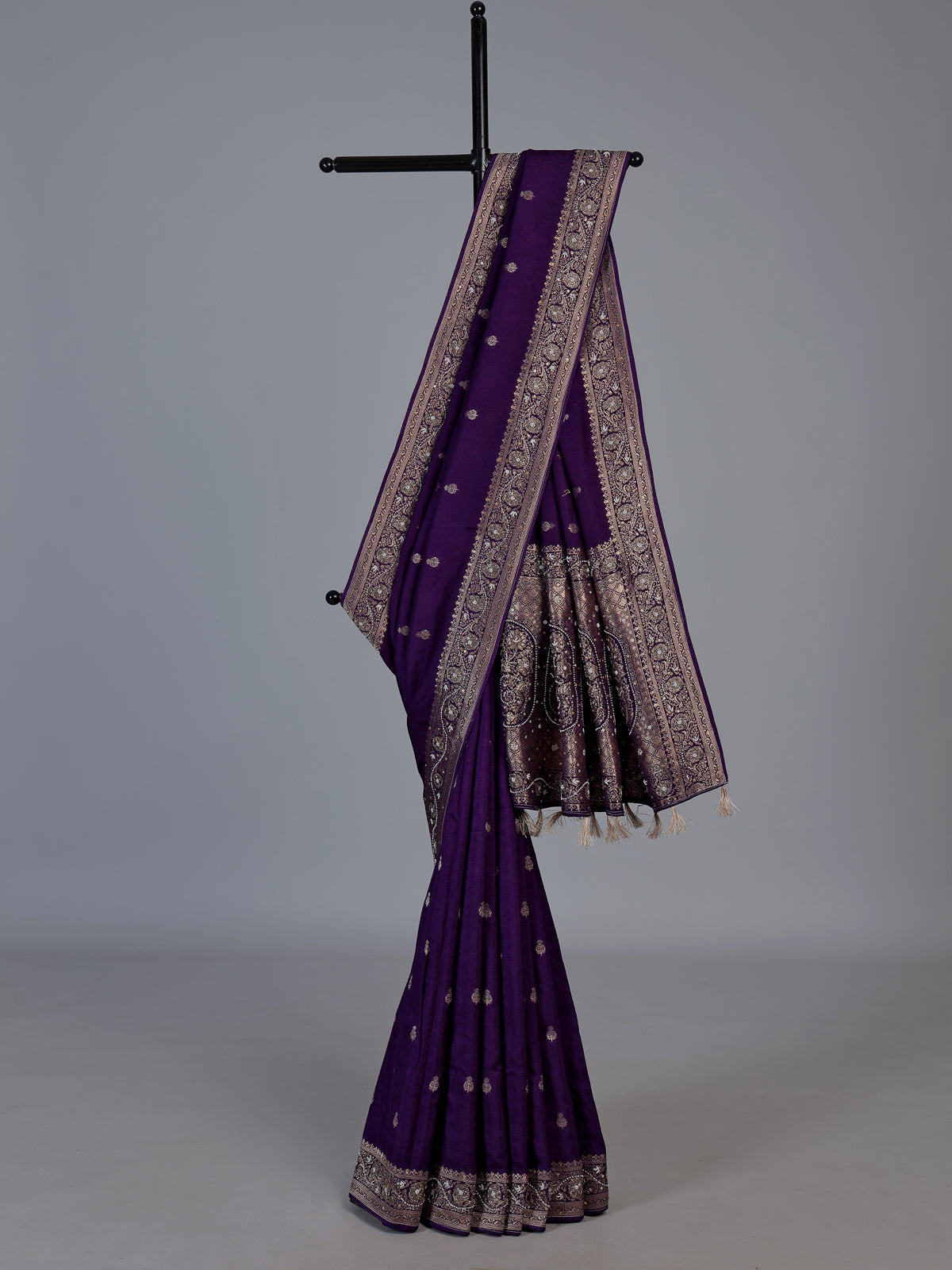 Purple dola silk saree with elegant butti handwork design