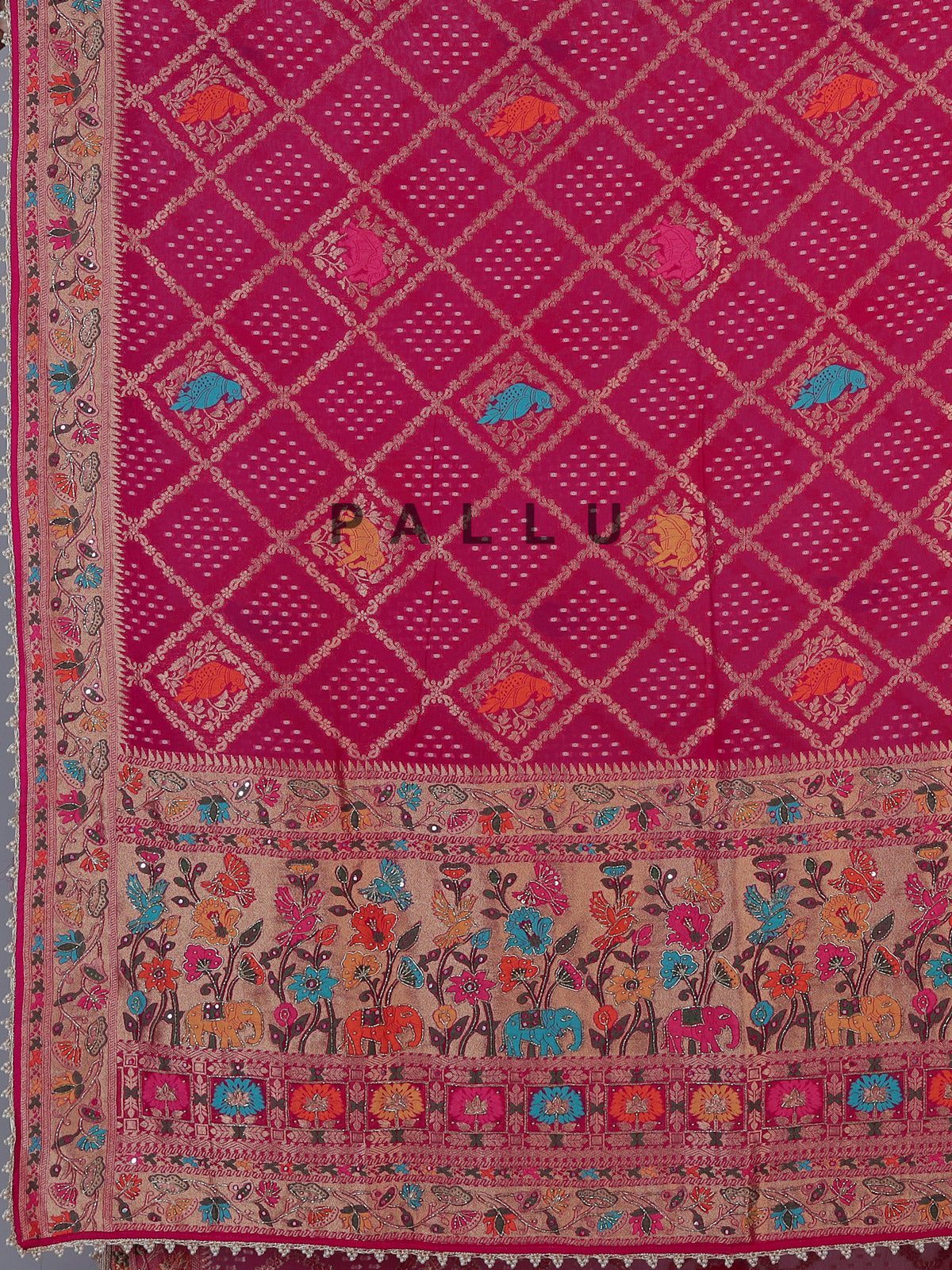 Pink georgette Bandhani saree with elephant motif handwork