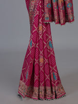 Pink georgette Bandhani saree with elephant motif handwork
