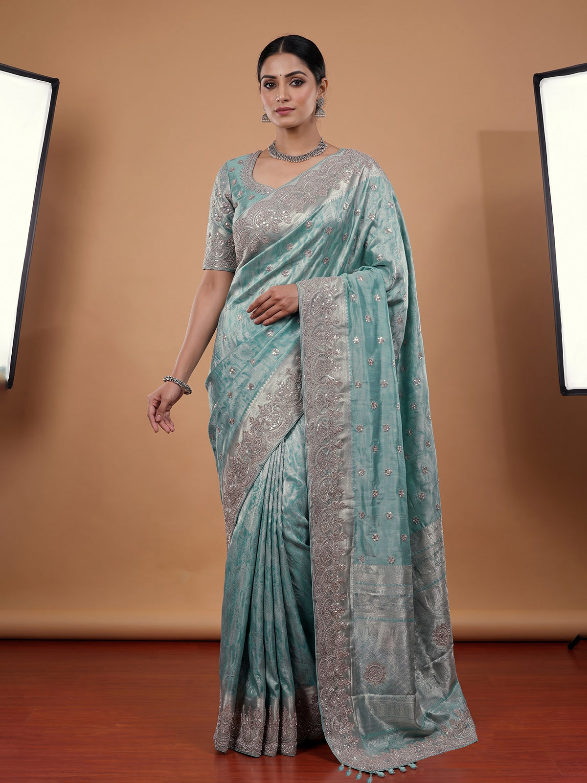 Sky blue tissue silk saree with kolkata handwork designer appeal