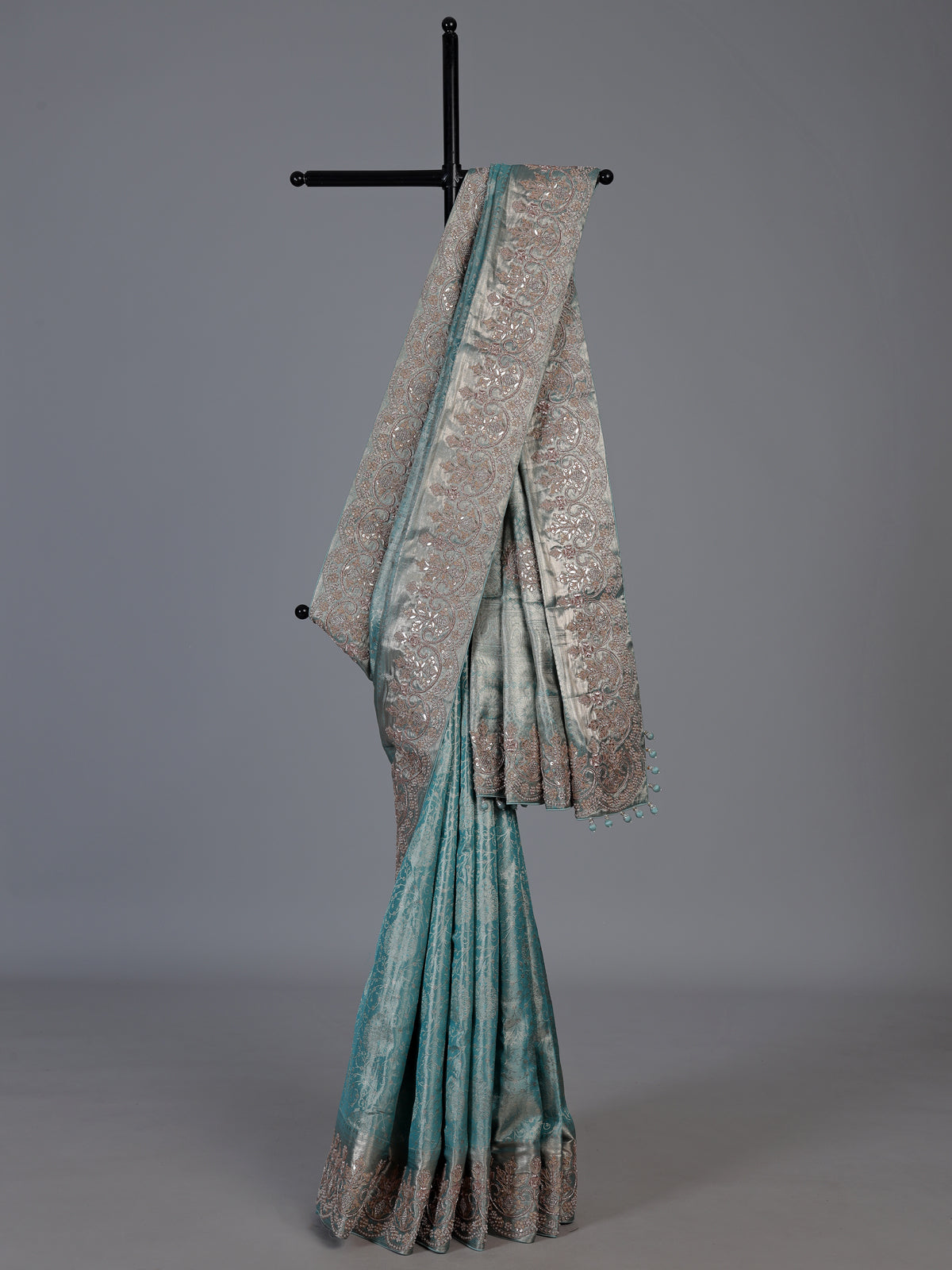 Sky blue tissue silk saree with kolkata handwork designer appeal