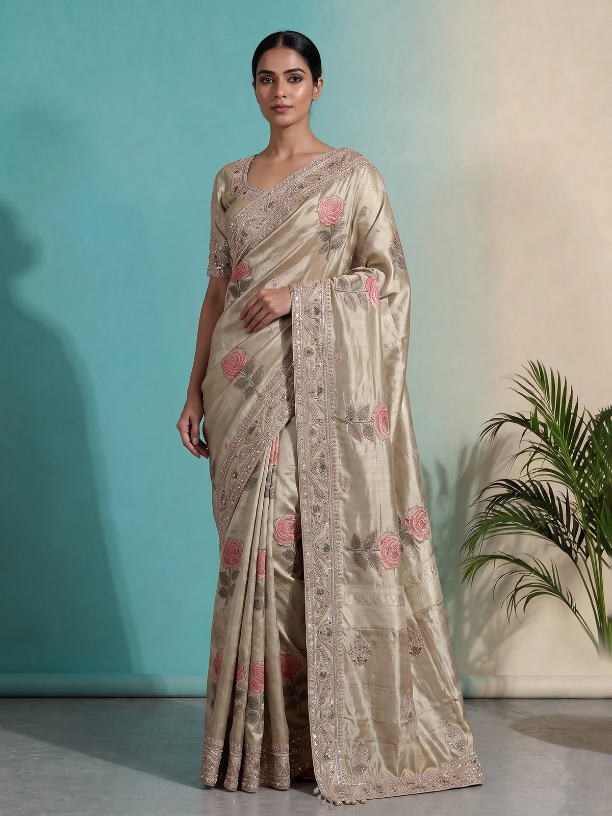 Chikoo beige tissue silk floral saree