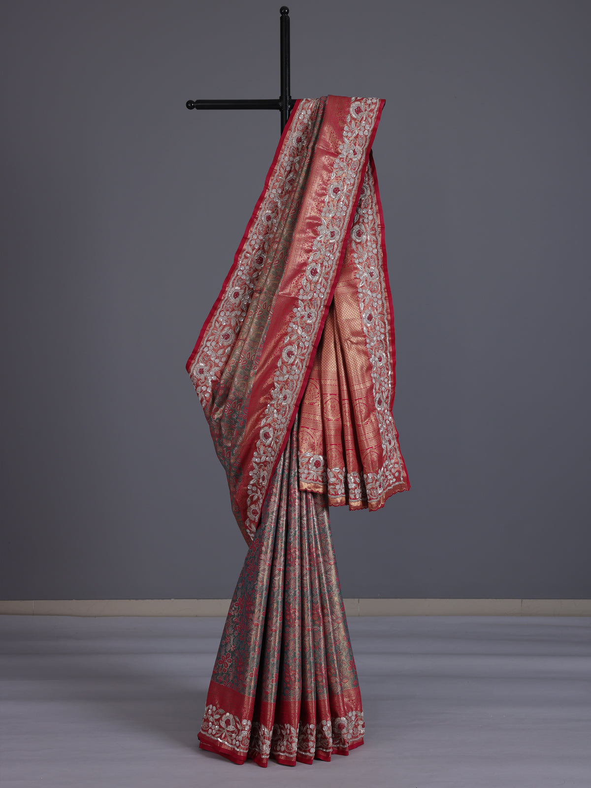 Blue kanjivaram tissue silk saree with floral festive zari detailing