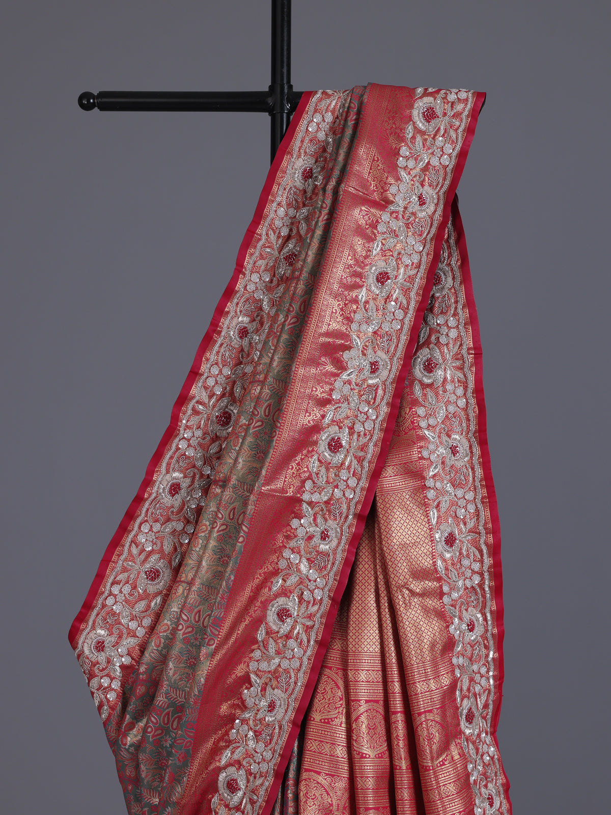 Blue kanjivaram tissue silk saree with floral festive zari detailing
