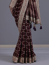 Wine bandhani semi georgette saree with elegant tassel pallu detailing