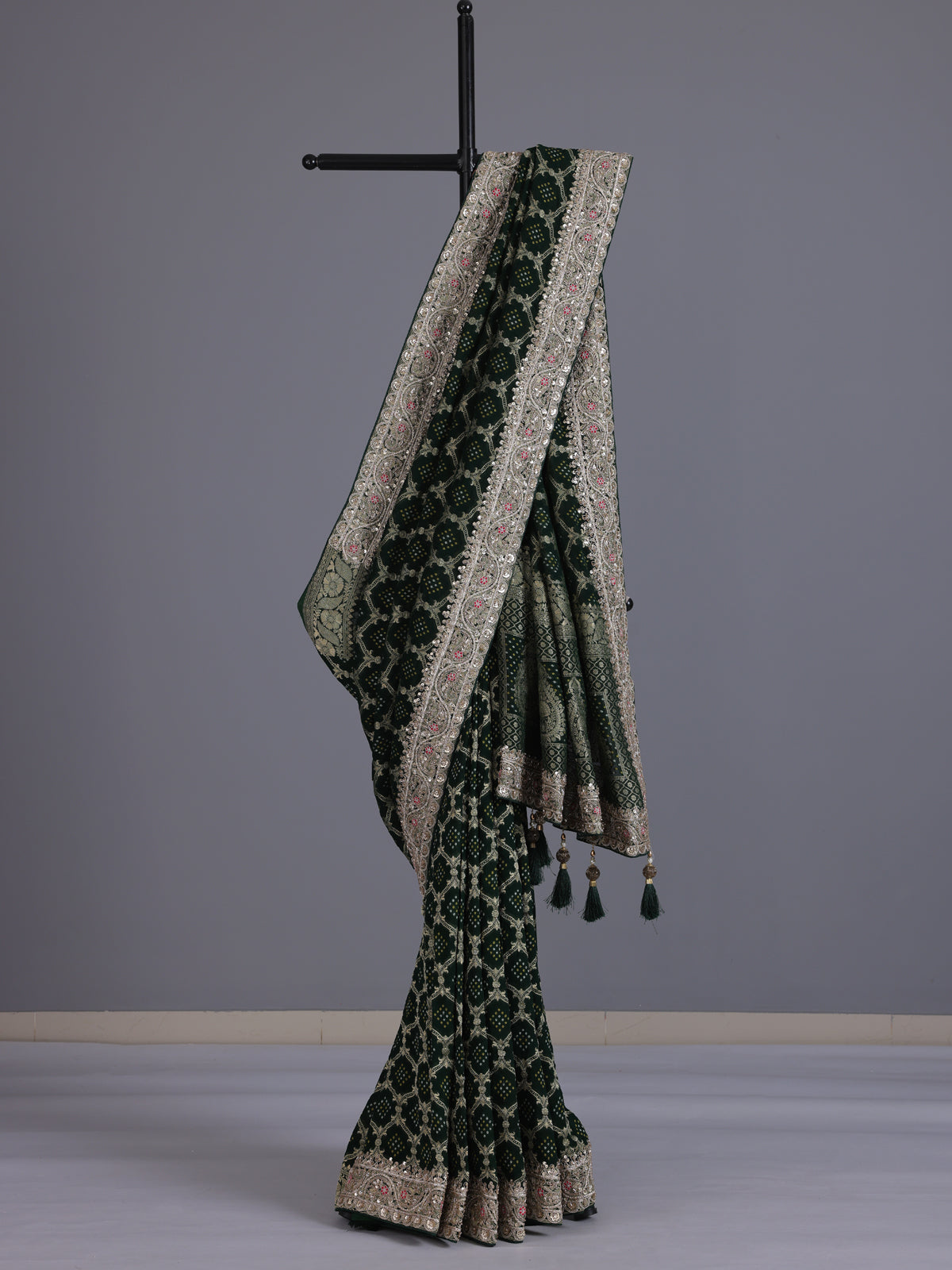 Green bandhani semi georgette saree with tassel pallu elegance