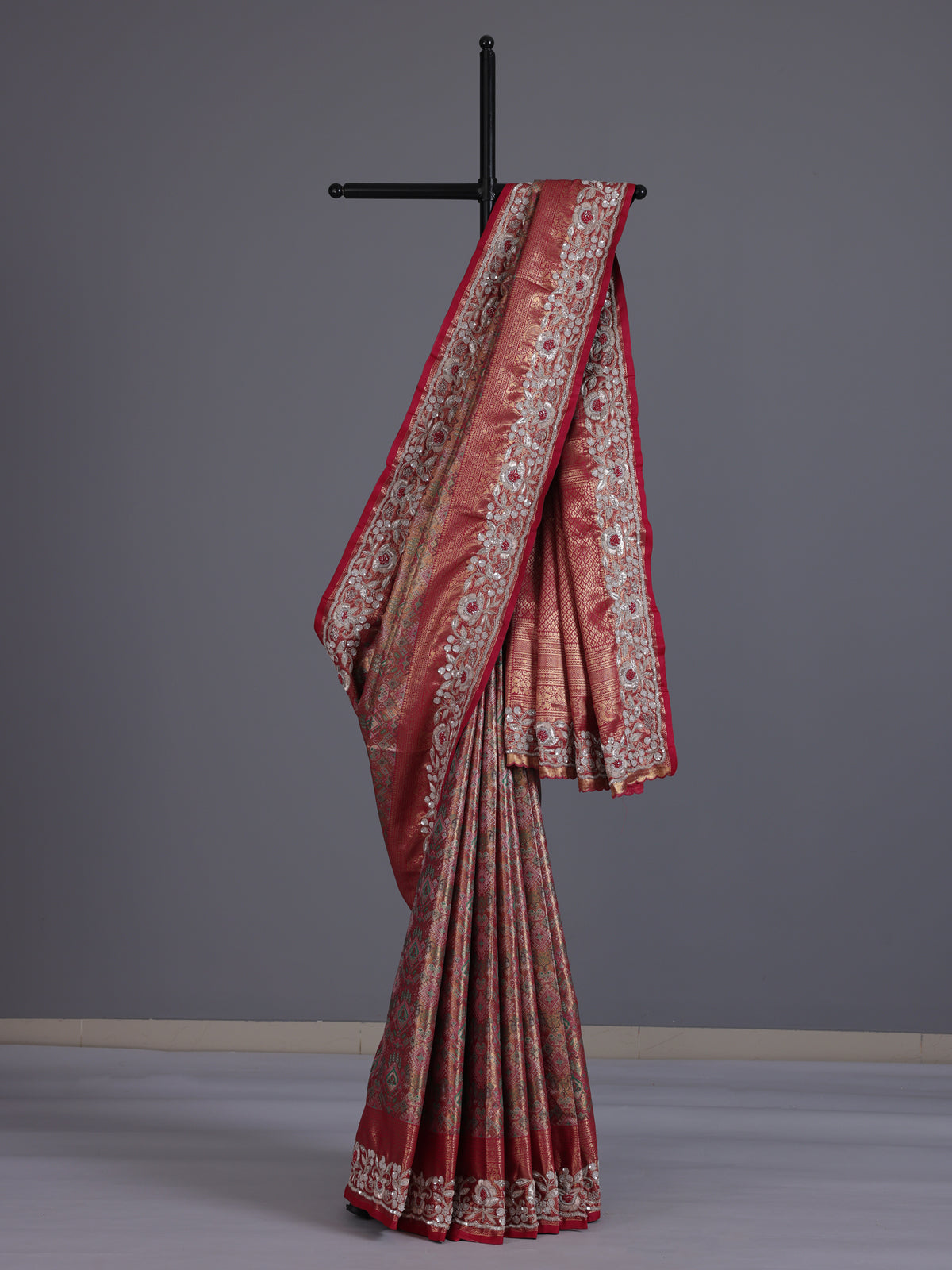Red kanjivaram tissue silk saree with elegant floral zari craftsmanship