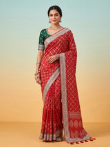 Red bandhani semi georgette saree with designer pallu