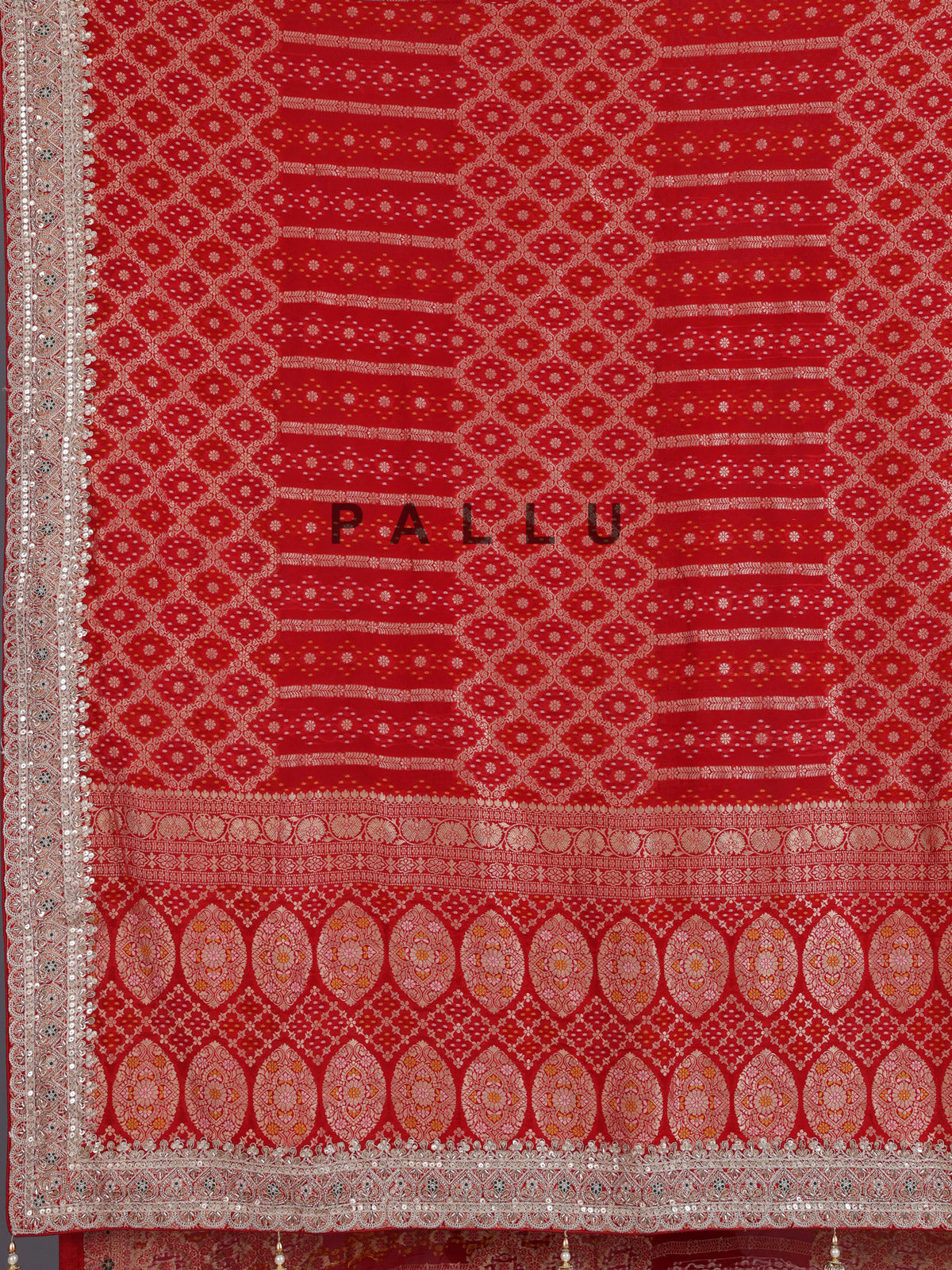 Red bandhani semi georgette saree with designer pallu