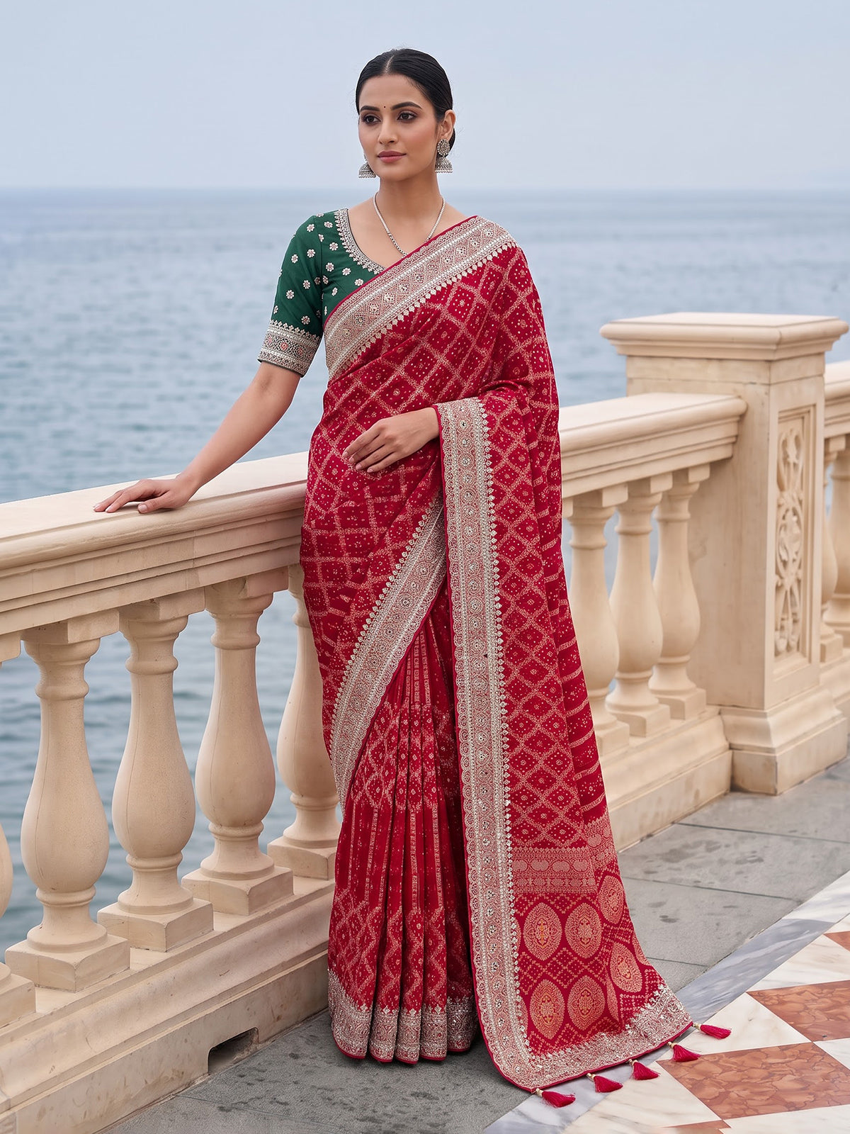 Rani pink semi georgette bandhani saree with festive tassel pallu