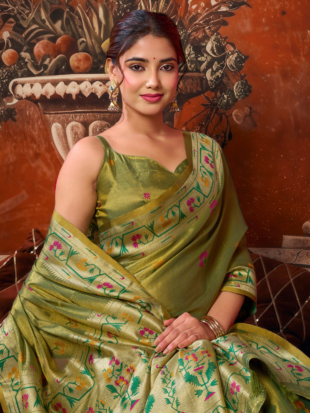 Green majestic woven floral tissue silk saree