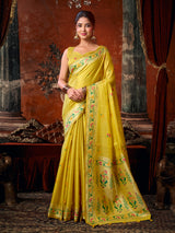Yellow heritage floral weave tissue silk saree