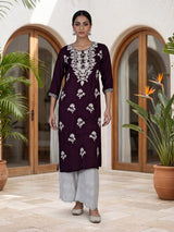 Wine silk lucknowi straight kurti set with palazzo