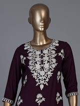 Wine silk lucknowi straight kurti set with palazzo