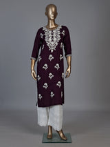 Wine silk lucknowi straight kurti set with palazzo