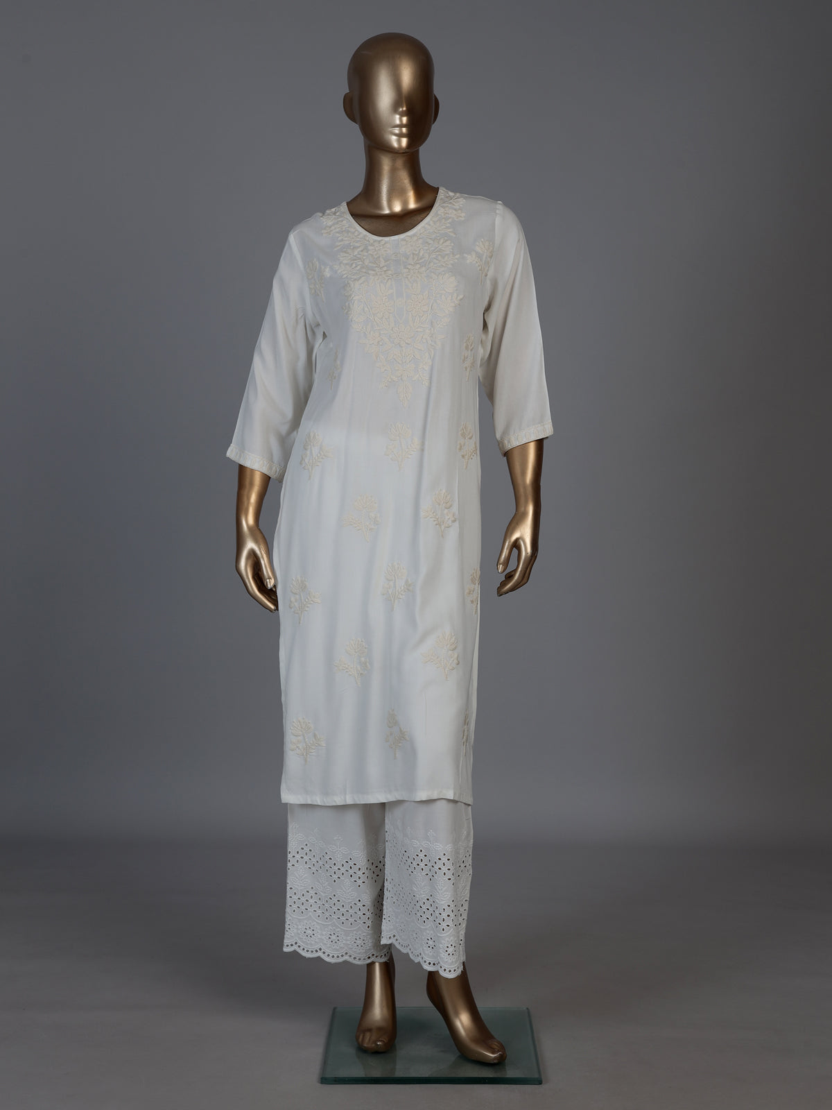 White silk lucknowi straight kurti set with palazzo