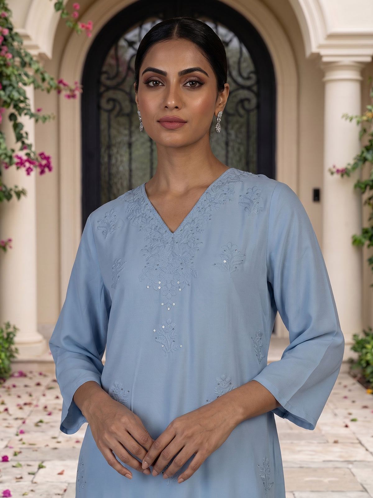 Sky blue silk lucknowi sequin kurti set with palazzo