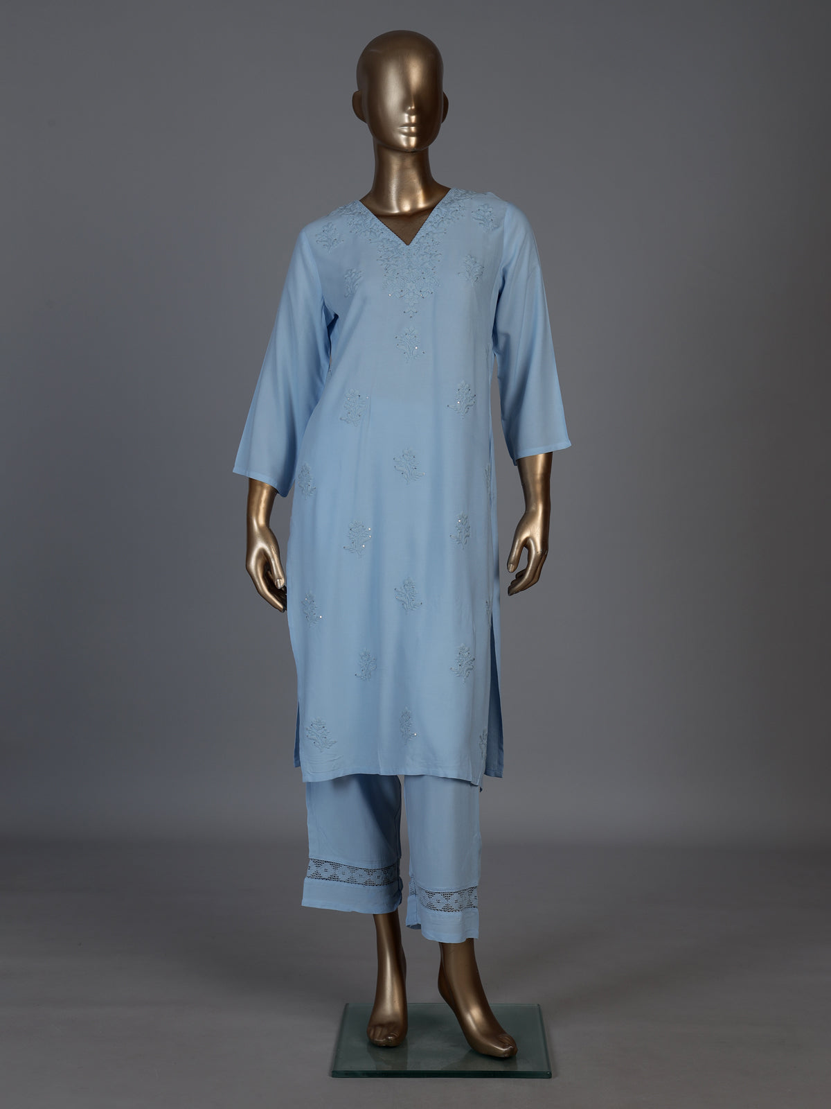 Sky blue silk lucknowi sequin kurti set with palazzo