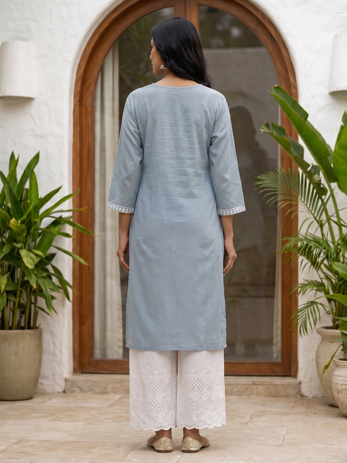 Light grey silk lucknowi straight kurti set with palazzo