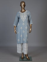 Light grey silk lucknowi straight kurti set with palazzo