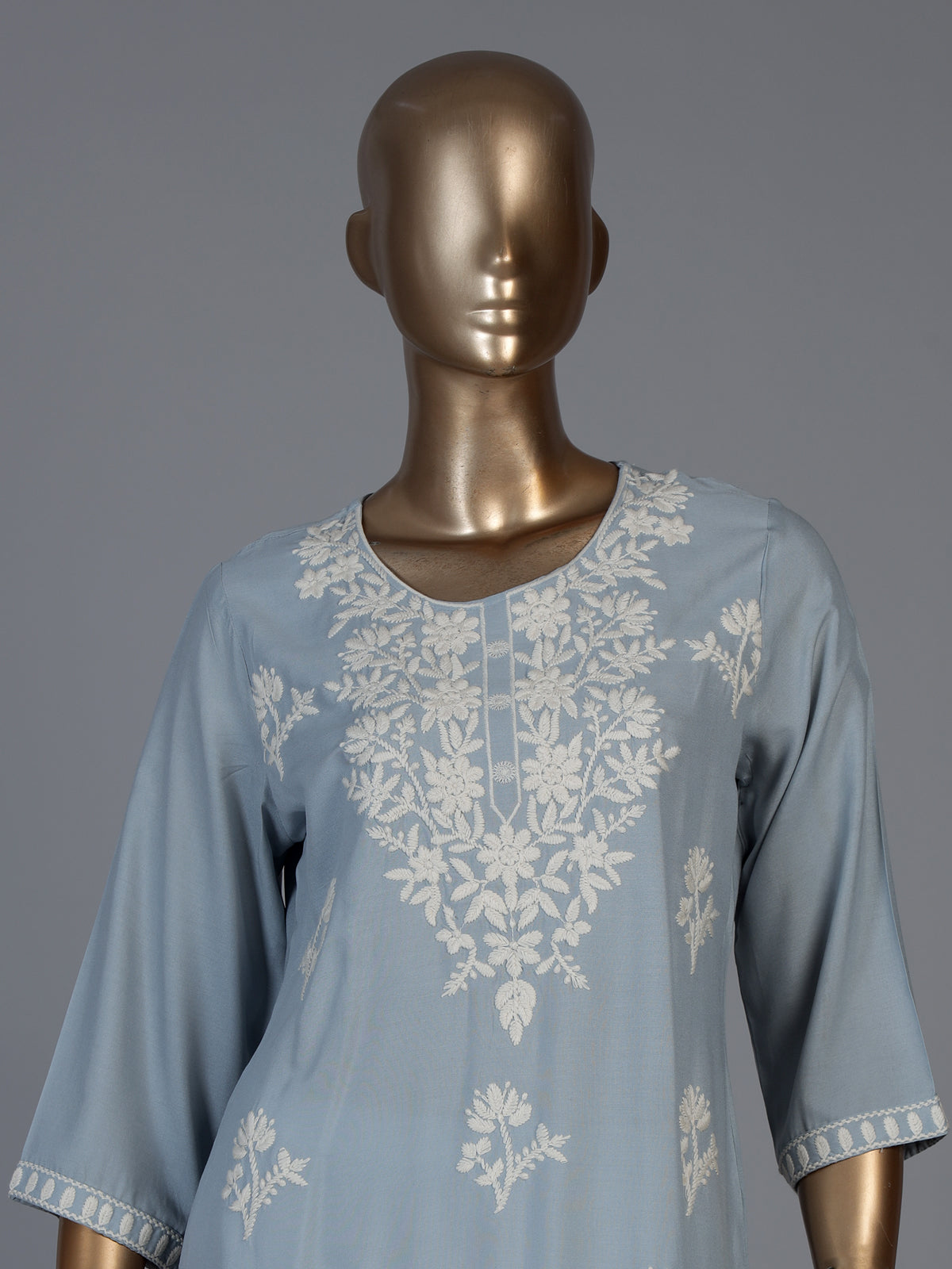 Light grey silk lucknowi straight kurti set with palazzo