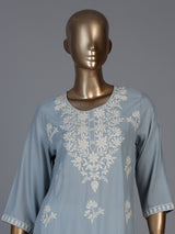 Light grey silk lucknowi straight kurti set with palazzo
