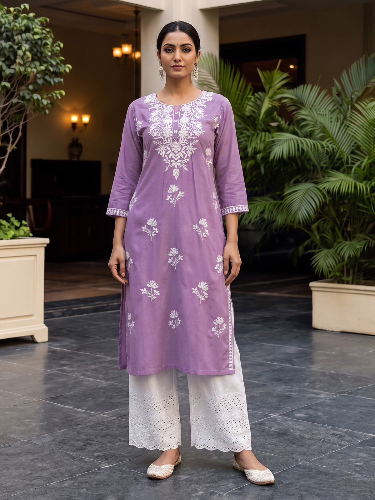 Lavender purple silk lucknowi kurti set with palazzo