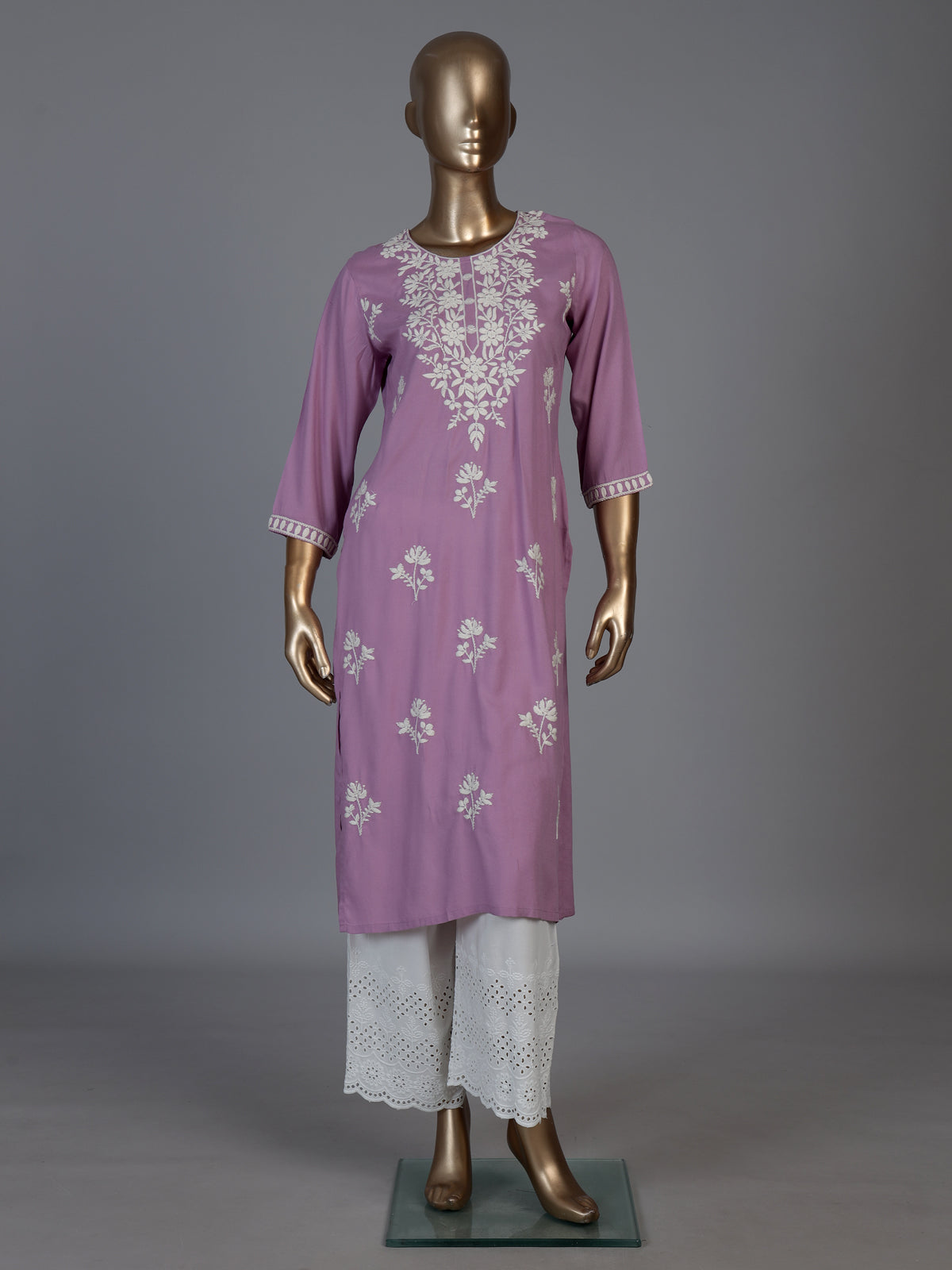 Lavender purple silk lucknowi kurti set with palazzo