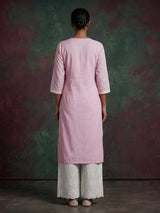 Pink silk lucknowi straight kurti set with palazzo