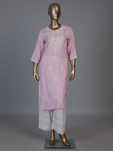 Pink silk lucknowi straight kurti set with palazzo