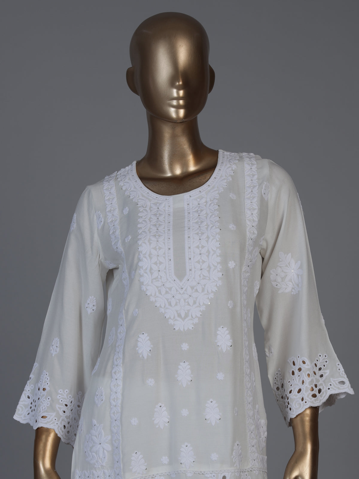 Off white cotton silk cutwork embellished kurti set with palazzo