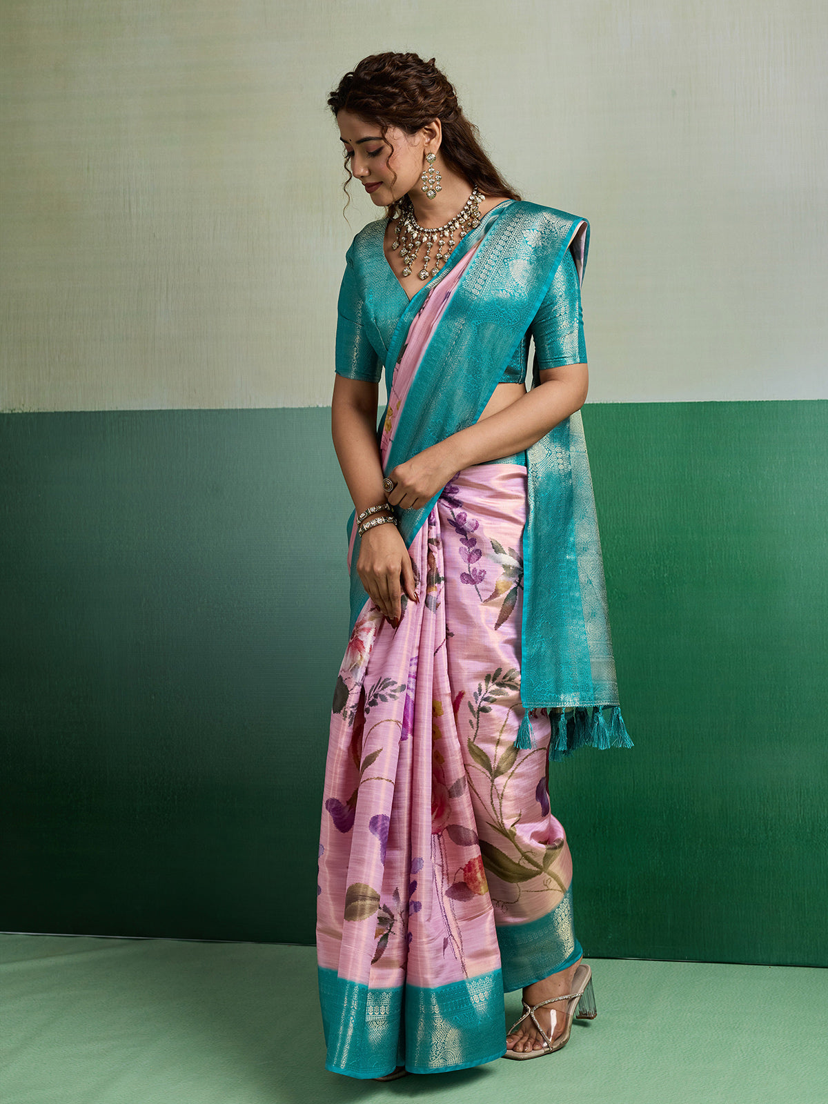 Pink royal botanical tissue silk saree