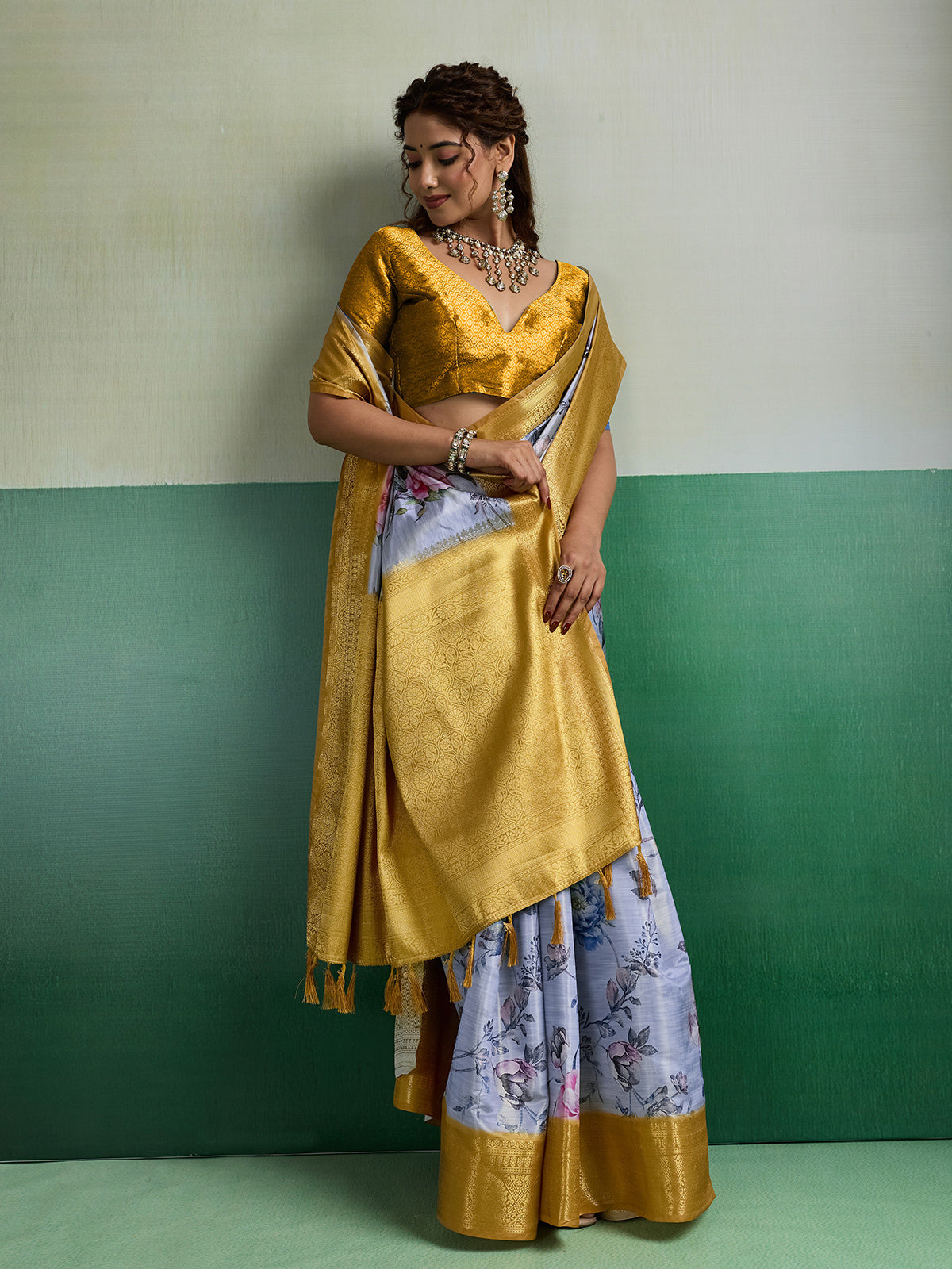 Light blue heritage weave tissue silk saree